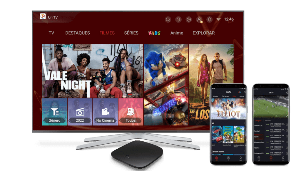 Interface do aplicativo UniTV para Smart TV, TV Box e celular